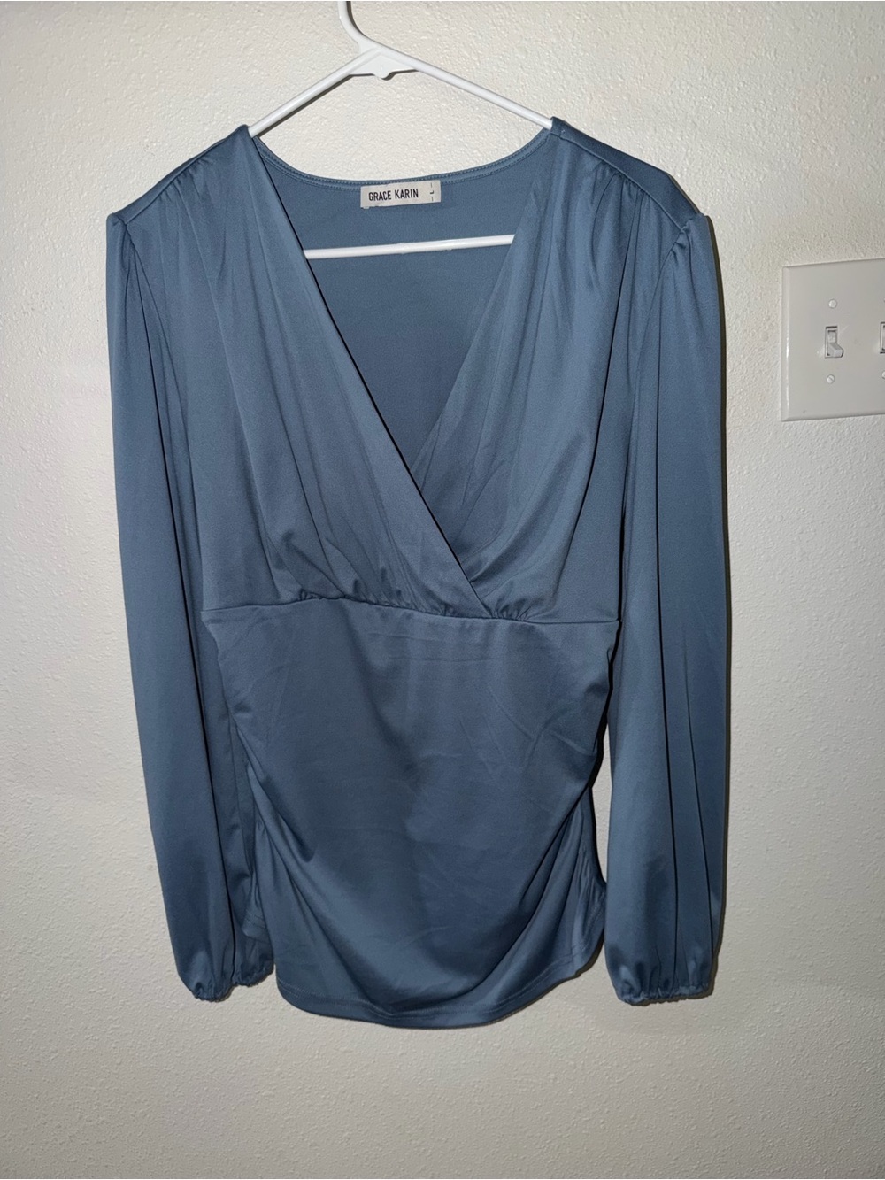 Grace Karin Dusty Blue Faux Wrap-Front Long Sleeve Blouse